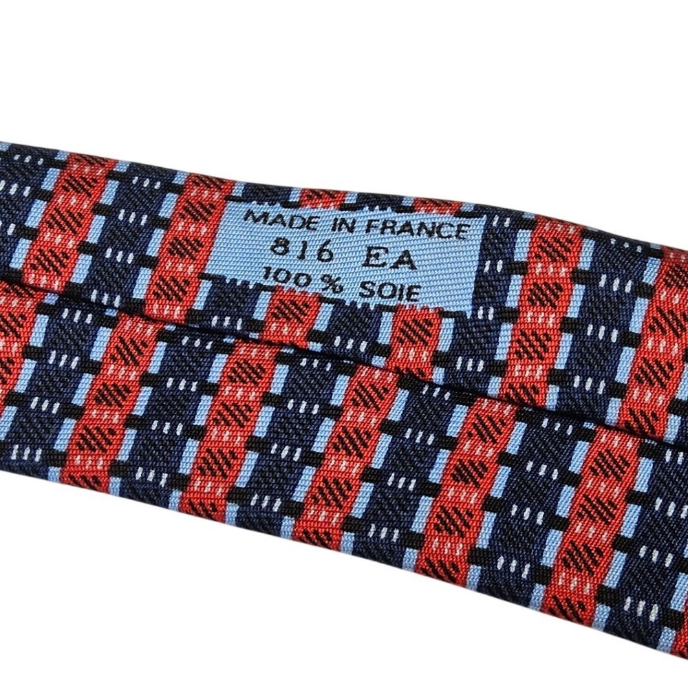 Hermes Silk Tie Mens One Size Red Blue Geometric Micro Pattern 816 EA France - Picture 5 of 11